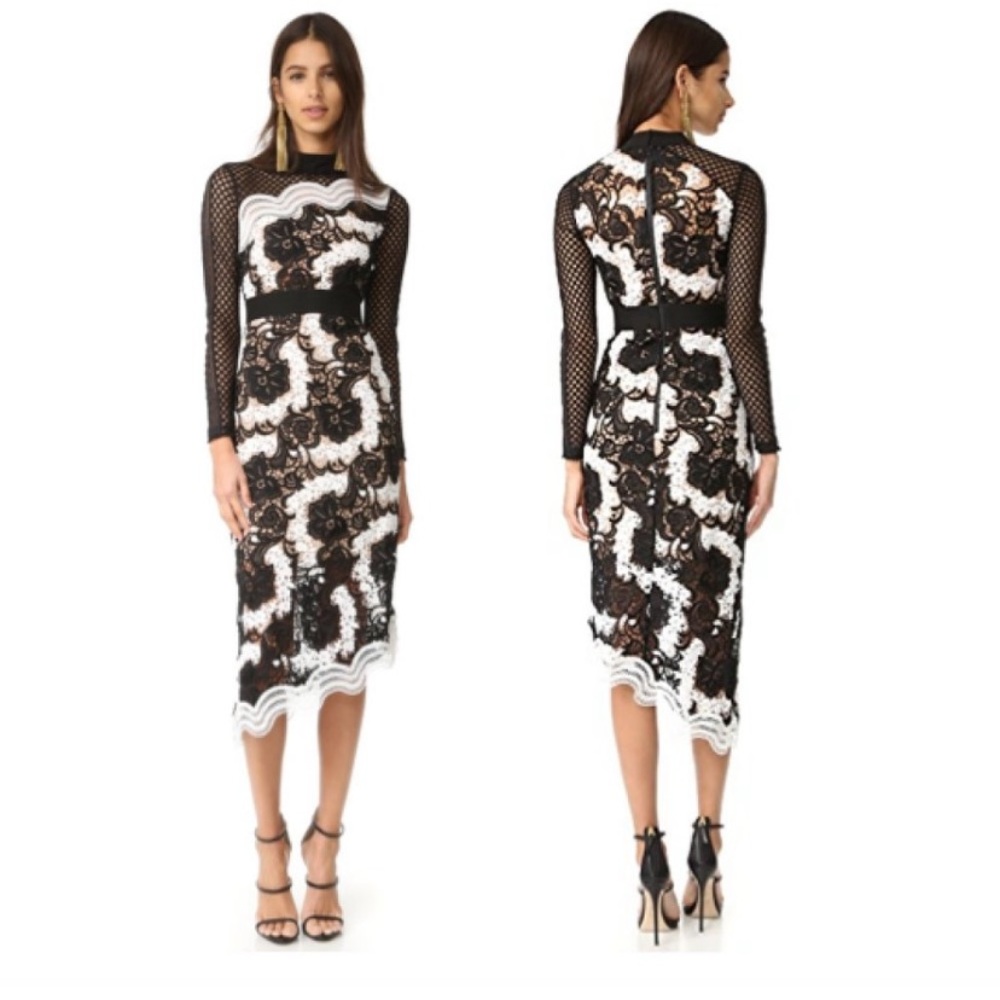 Self-Portrait Mixed-Lace Asymmetric Midi Dress Sz. 4